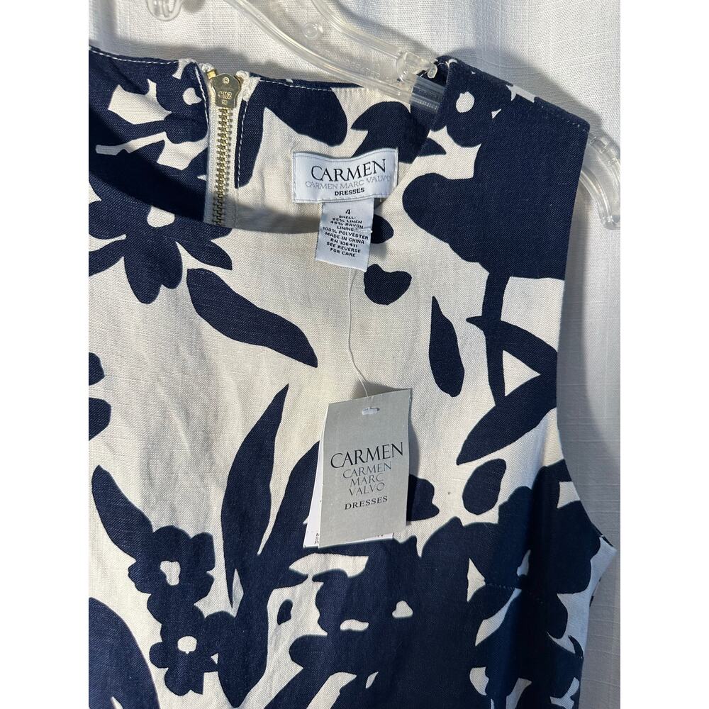 Carmen Marc Valvo Linen Rayon Dress Blue White Floral Ayanna Size 4 NWT
